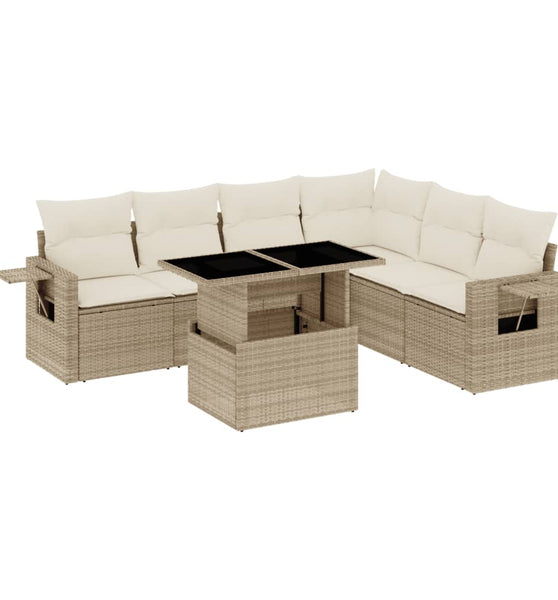 7-tlg. Garten-Sofagarnitur mit Kissen Beige Poly Rattan
