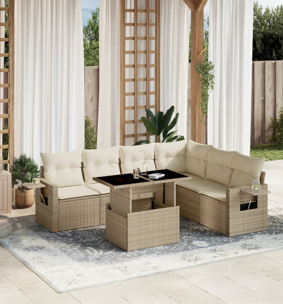 7-tlg. Garten-Sofagarnitur mit Kissen Beige Poly Rattan
