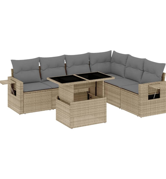 7-tlg. Garten-Sofagarnitur mit Kissen Beige Poly Rattan