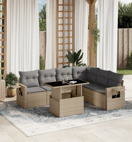 7-tlg. Garten-Sofagarnitur mit Kissen Beige Poly Rattan