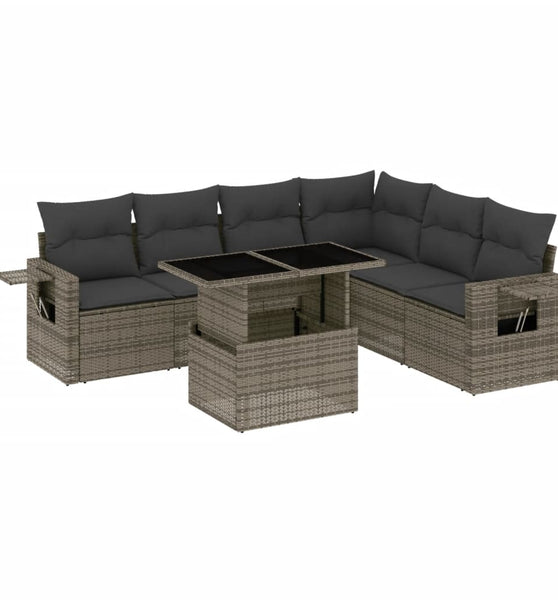7-tlg. Garten-Sofagarnitur mit Kissen Grau Poly Rattan