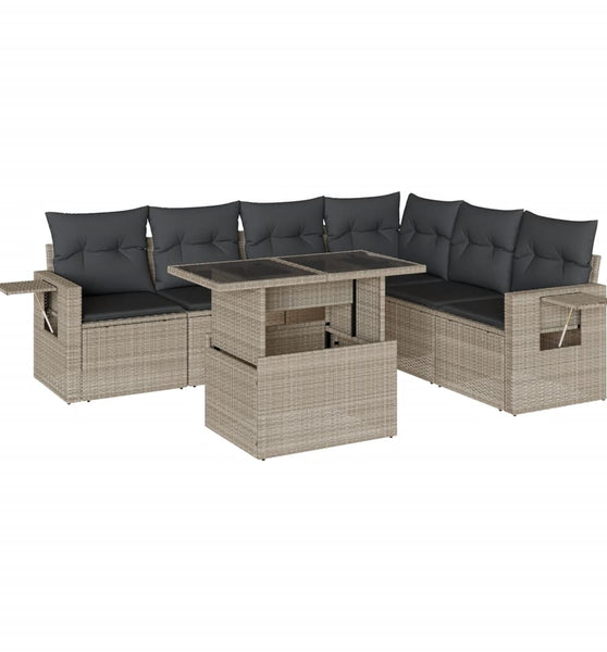 7-tlg. Garten-Sofagarnitur mit Kissen Hellgrau Poly Rattan