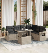 7-tlg. Garten-Sofagarnitur mit Kissen Hellgrau Poly Rattan