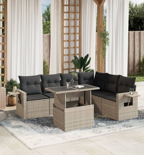 7-tlg. Garten-Sofagarnitur mit Kissen Hellgrau Poly Rattan