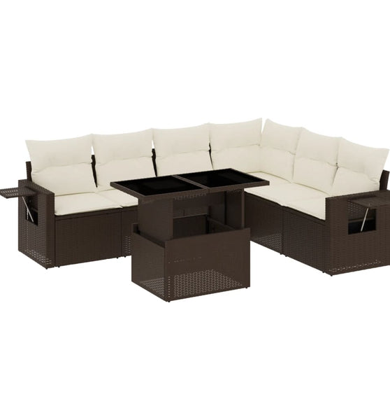 7-tlg. Garten-Sofagarnitur mit Kissen Braun Poly Rattan