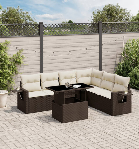 7-tlg. Garten-Sofagarnitur mit Kissen Braun Poly Rattan