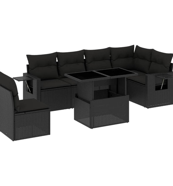 7-tlg. Garten-Sofagarnitur mit Kissen Schwarz Poly Rattan