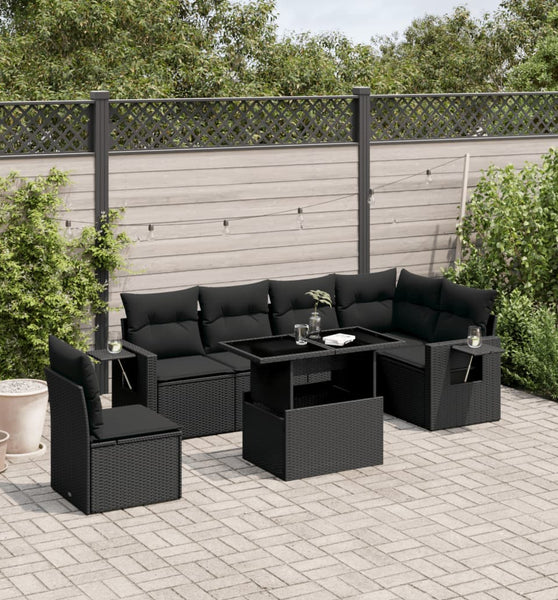 7-tlg. Garten-Sofagarnitur mit Kissen Schwarz Poly Rattan