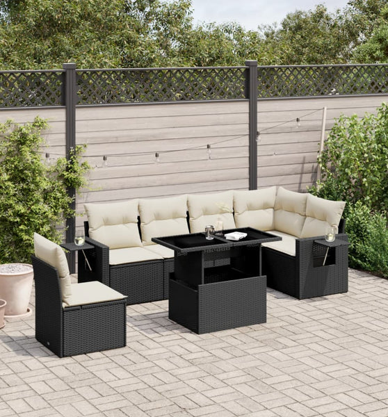 7-tlg. Garten-Sofagarnitur mit Kissen Schwarz Poly Rattan