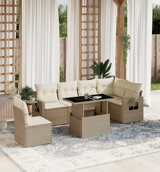 7-tlg. Garten-Sofagarnitur mit Kissen Beige Poly Rattan