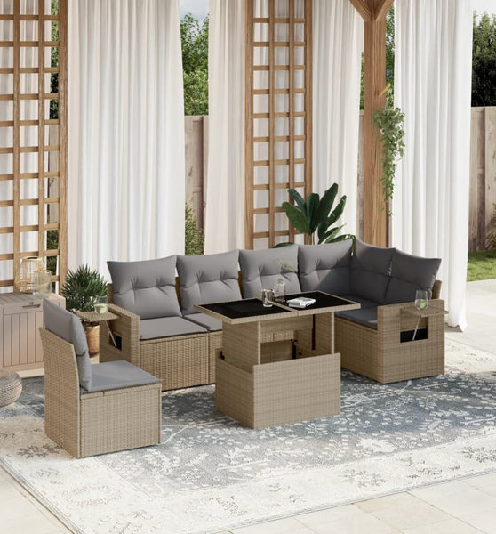 7-tlg. Garten-Sofagarnitur mit Kissen Beige Poly Rattan