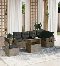 7-tlg. Garten-Sofagarnitur mit Kissen Grau Poly Rattan