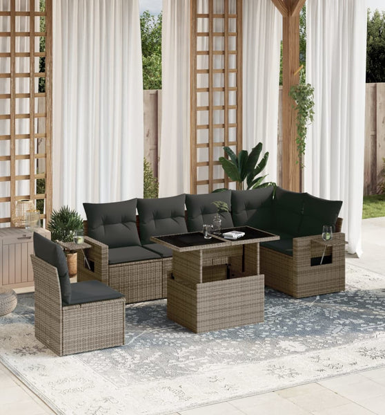 7-tlg. Garten-Sofagarnitur mit Kissen Grau Poly Rattan