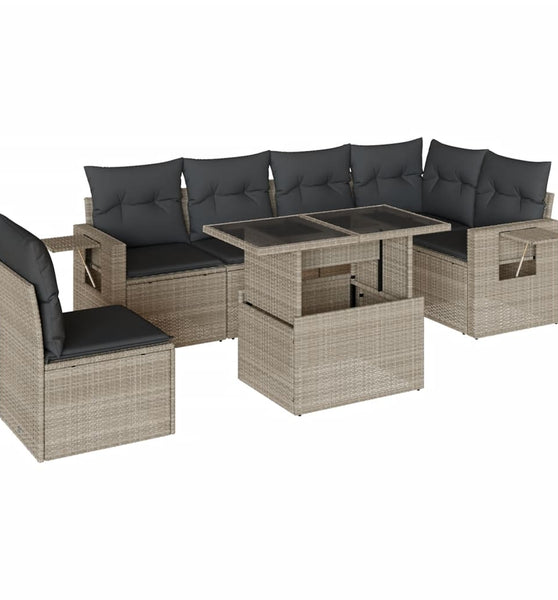 7-tlg. Garten-Sofagarnitur mit Kissen Hellgrau Poly Rattan