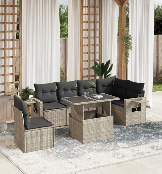 7-tlg. Garten-Sofagarnitur mit Kissen Hellgrau Poly Rattan