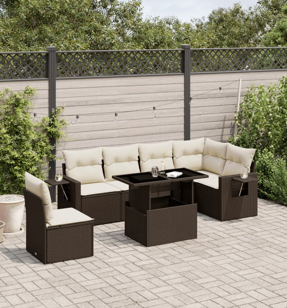 7-tlg. Garten-Sofagarnitur mit Kissen Braun Poly Rattan
