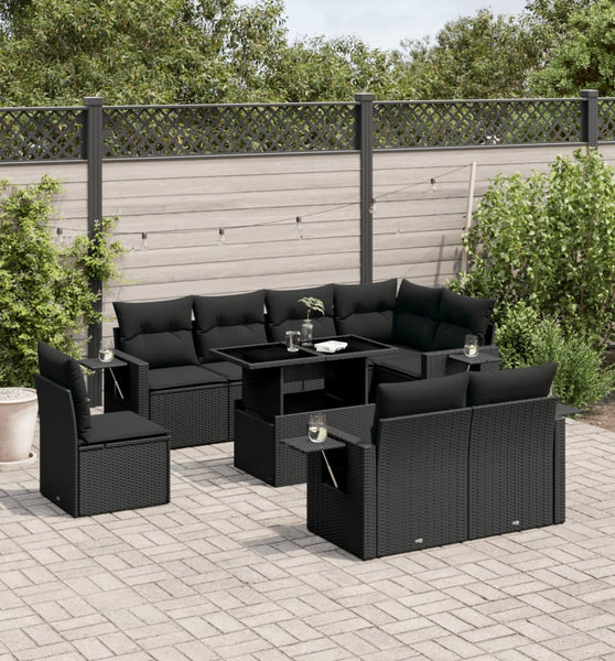 9-tlg. Garten-Sofagarnitur mit Kissen Schwarz Poly Rattan