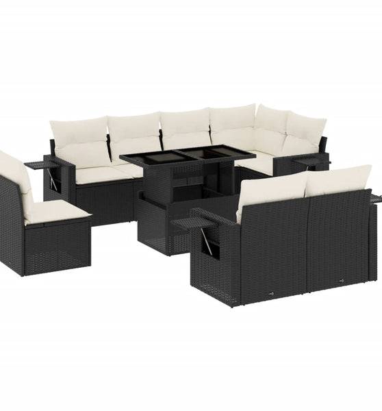 9-tlg. Garten-Sofagarnitur mit Kissen Schwarz Poly Rattan
