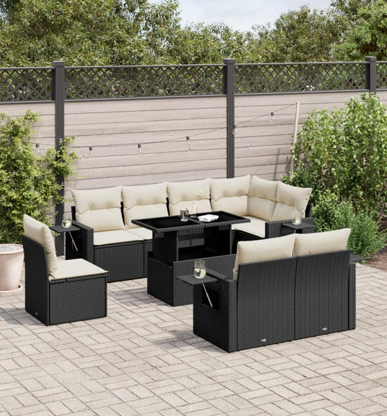 9-tlg. Garten-Sofagarnitur mit Kissen Schwarz Poly Rattan