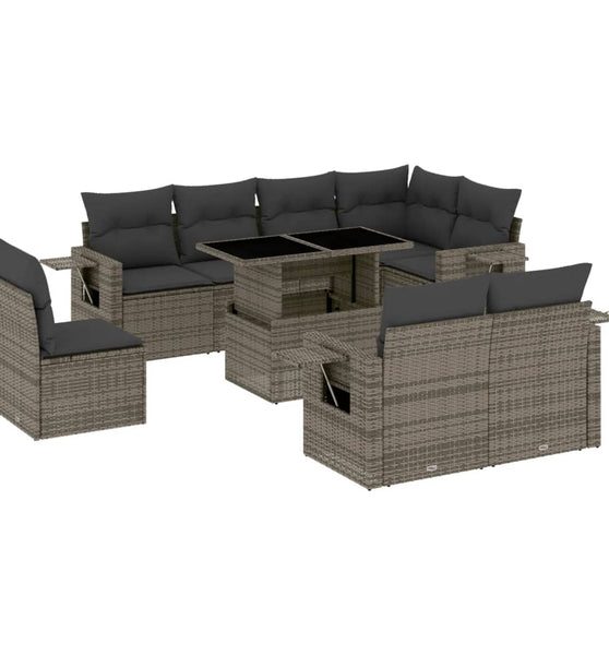 9-tlg. Garten-Sofagarnitur mit Kissen Grau Poly Rattan