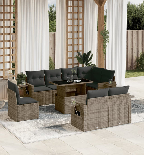 9-tlg. Garten-Sofagarnitur mit Kissen Grau Poly Rattan