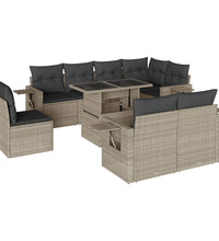 9-tlg. Garten-Sofagarnitur mit Kissen Hellgrau Poly Rattan