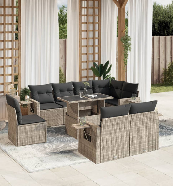 9-tlg. Garten-Sofagarnitur mit Kissen Hellgrau Poly Rattan