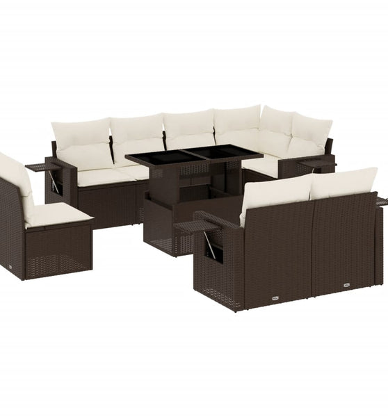 9-tlg. Garten-Sofagarnitur mit Kissen Braun Poly Rattan