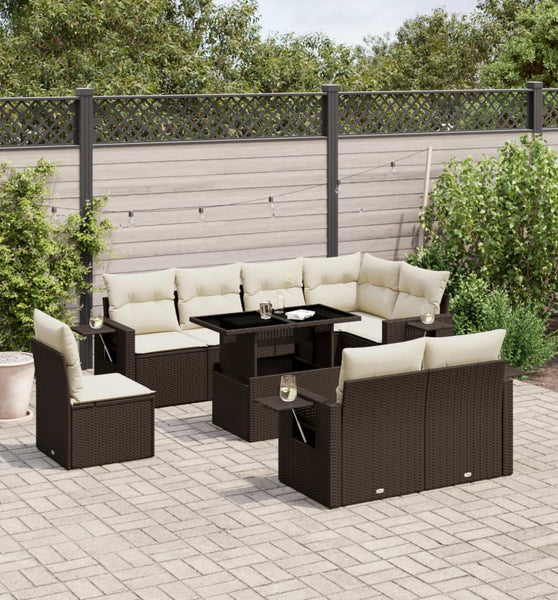 9-tlg. Garten-Sofagarnitur mit Kissen Braun Poly Rattan