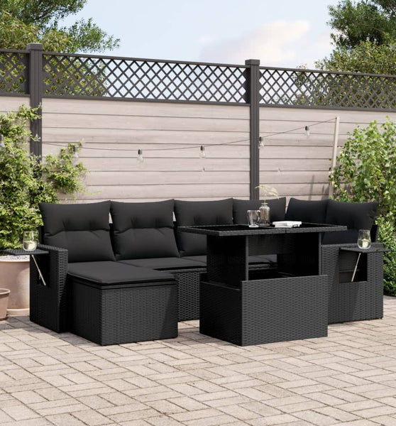 7-tlg. Garten-Sofagarnitur mit Kissen Schwarz Poly Rattan