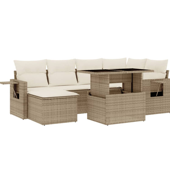 7-tlg. Garten-Sofagarnitur mit Kissen Beige Poly Rattan