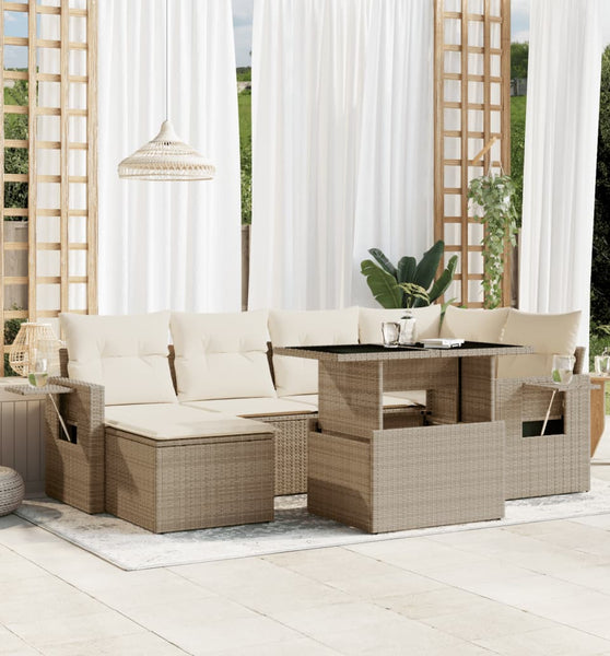 7-tlg. Garten-Sofagarnitur mit Kissen Beige Poly Rattan
