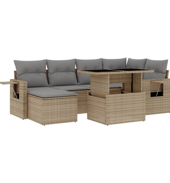 7-tlg. Garten-Sofagarnitur mit Kissen Beige Poly Rattan
