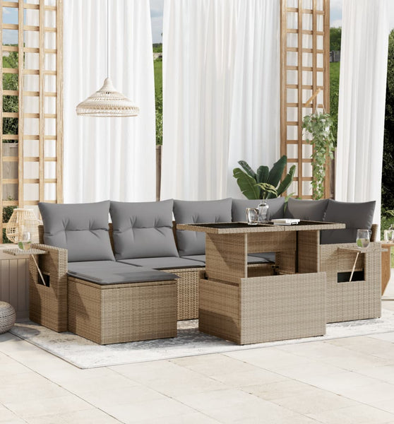 7-tlg. Garten-Sofagarnitur mit Kissen Beige Poly Rattan