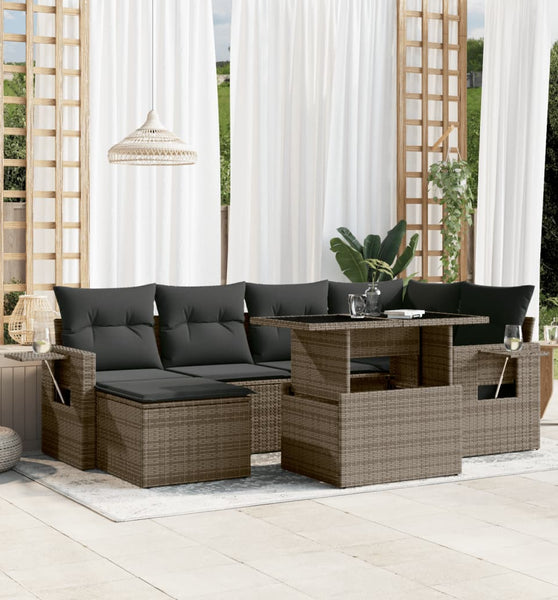 7-tlg. Garten-Sofagarnitur mit Kissen Grau Poly Rattan