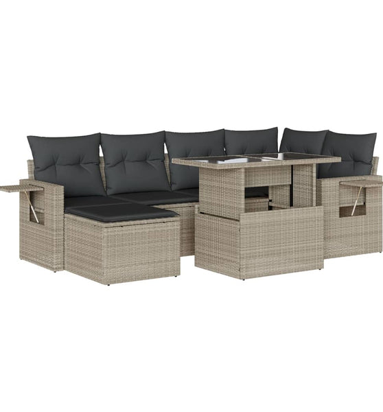 7-tlg. Garten-Sofagarnitur mit Kissen Hellgrau Poly Rattan