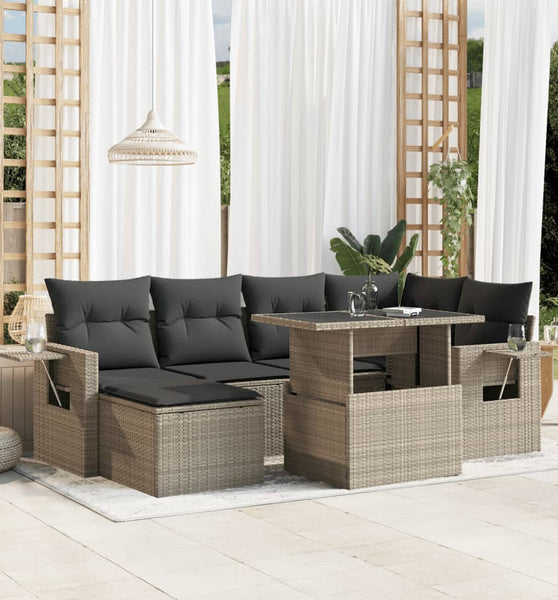 7-tlg. Garten-Sofagarnitur mit Kissen Hellgrau Poly Rattan