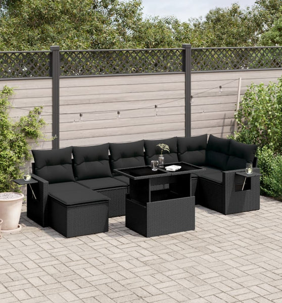 8-tlg. Garten-Sofagarnitur mit Kissen Schwarz Poly Rattan