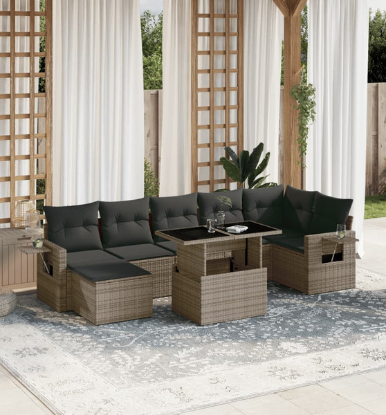 8-tlg. Garten-Sofagarnitur mit Kissen Grau Poly Rattan