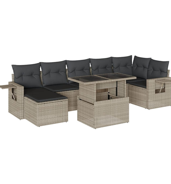 8-tlg. Garten-Sofagarnitur mit Kissen Hellgrau Poly Rattan