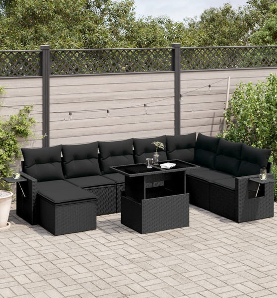 8-tlg. Garten-Sofagarnitur mit Kissen Schwarz Poly Rattan