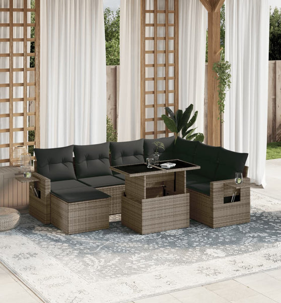 8-tlg. Garten-Sofagarnitur mit Kissen Grau Poly Rattan