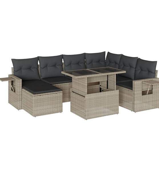 8-tlg. Garten-Sofagarnitur mit Kissen Hellgrau Poly Rattan