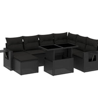 9-tlg. Garten-Sofagarnitur mit Kissen Schwarz Poly Rattan