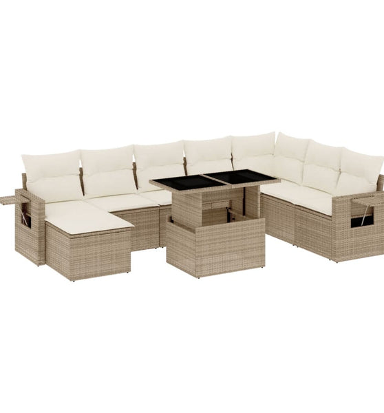 9-tlg. Garten-Sofagarnitur mit Kissen Beige Poly Rattan