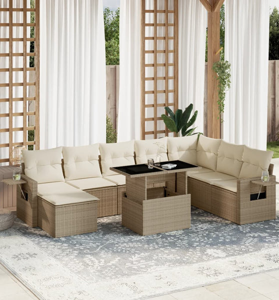 9-tlg. Garten-Sofagarnitur mit Kissen Beige Poly Rattan