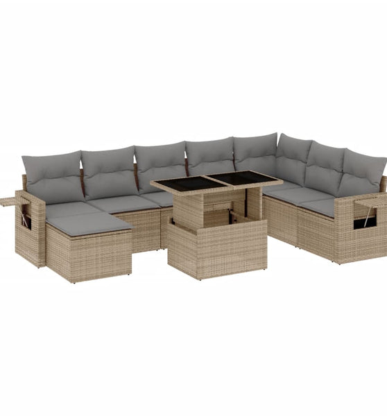 9-tlg. Garten-Sofagarnitur mit Kissen Beige Poly Rattan