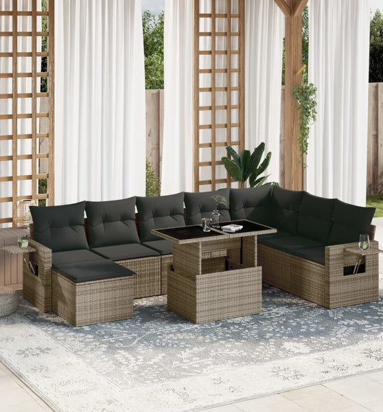 9-tlg. Garten-Sofagarnitur mit Kissen Grau Poly Rattan