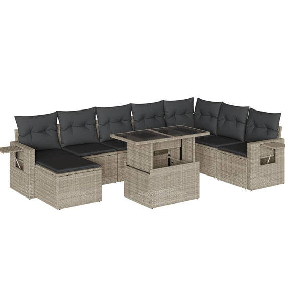 9-tlg. Garten-Sofagarnitur mit Kissen Hellgrau Poly Rattan