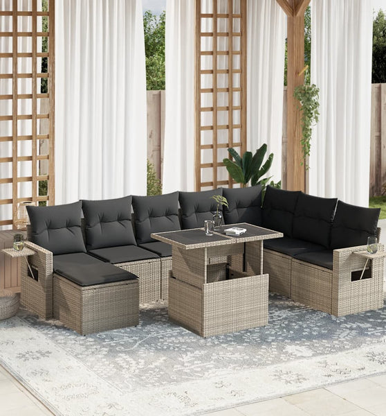 9-tlg. Garten-Sofagarnitur mit Kissen Hellgrau Poly Rattan